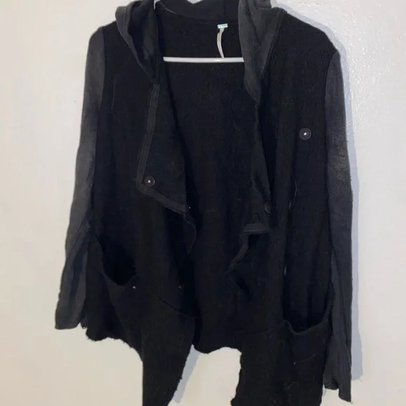 FREE PEOPLE wool blend hooded Black Gray asymmetric jacket coat Size Small - Picture 4 of 7